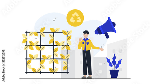 Green Tech Startup Creating Noise Pollution Barriers. Flat Vector Business Illustration