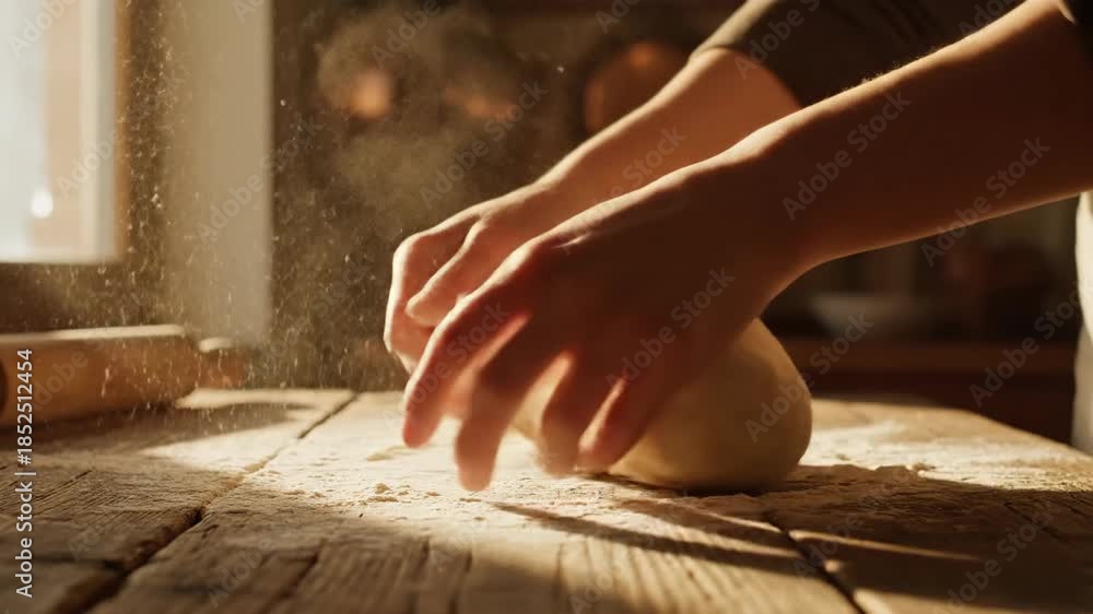 custom made wallpaper toronto digitalSkilled hands gracefully knead raw bread dough on a rustic wooden surface, with flour dust shimmering softly in warm, natural kitchen light,