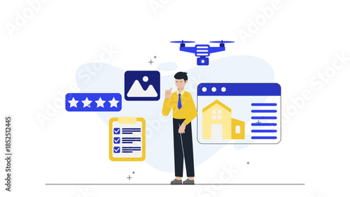 Remote Insurance Agent Using Drones for Property Assessment. Flat Vector Business Illustration