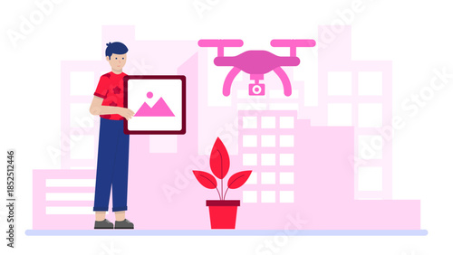 Remote Insurance Agent Using Drones for Property Assessment. Flat Vector Business Illustration