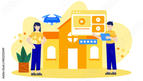 Remote Insurance Agent Using Drones for Property Assessment. Flat Vector Business Illustration