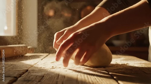 Wallpaper Mural Skilled hands gracefully knead raw bread dough on a rustic wooden surface, with flour dust shimmering softly in warm, natural kitchen light, Torontodigital.ca
