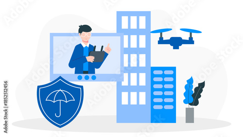 Remote Insurance Agent Using Drones for Property Assessment. Flat Vector Business Illustration