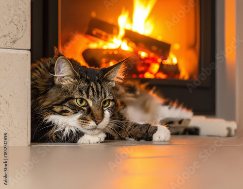 Cozy Cat Resting By Fireplace: Warm Home Moment Of Quiet Comfort And Relaxation
