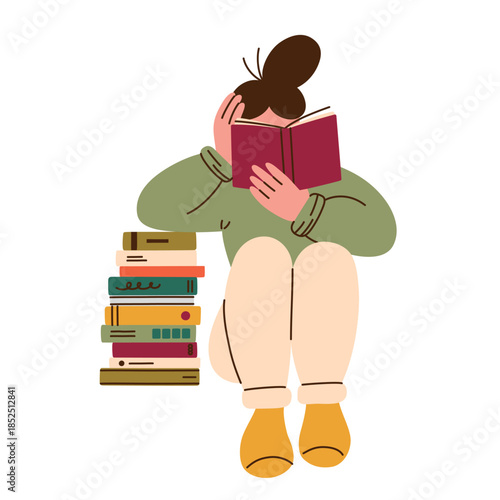 Flat cartoon vector illustration of girl reading book, woman sitting on floor and leaning on book stack, cozy library scene, paper reading hobby, calm self care mood for education, study projects