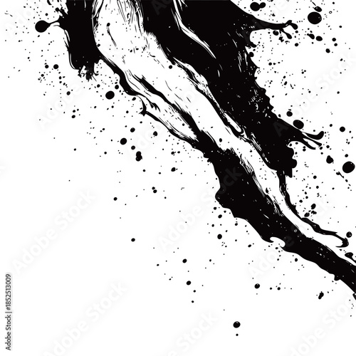 Abstract black ink splash on white background with artistic liquid splatter and messy paint brush strokes for modern creative graphic design and grunge texture