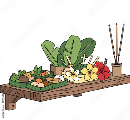 Traditional Balinese Offerings on Wooden Table.