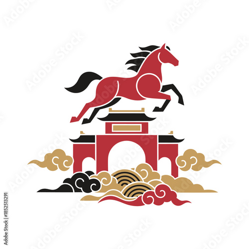 Artistic 2026 Year of the Horse greeting card design featuring red horse jumping over ancient Chinese gate with gold and red auspicious clouds background