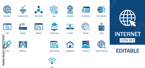 Internet and Web editable solid Icon set. Features icons computing, connectivity, domain, firewall, global, hosting, and link. Perfect for IT and web apps.
