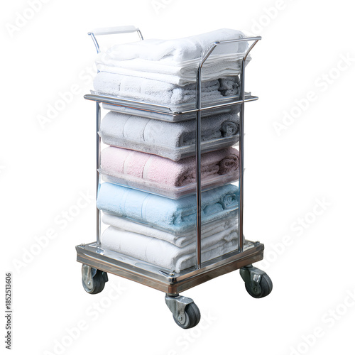 Professional Laundry Cart on Wheels with Neatly Stacked Towels and Linens