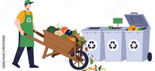 Man in Green Apron Pushing Wheelbarrow with Recyclables.