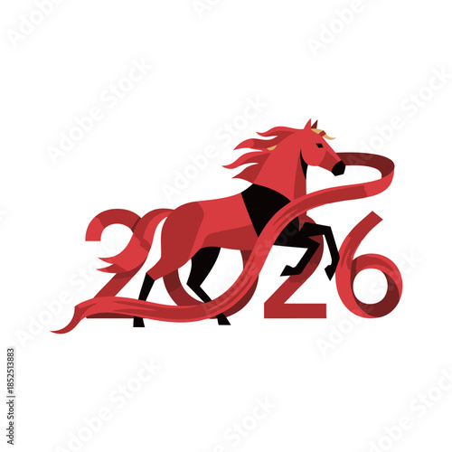 Elegant 2026 Year of the Horse design with red horse integrated into the numeric 2026 text and flowing red ribbons for Chinese New Year celebration