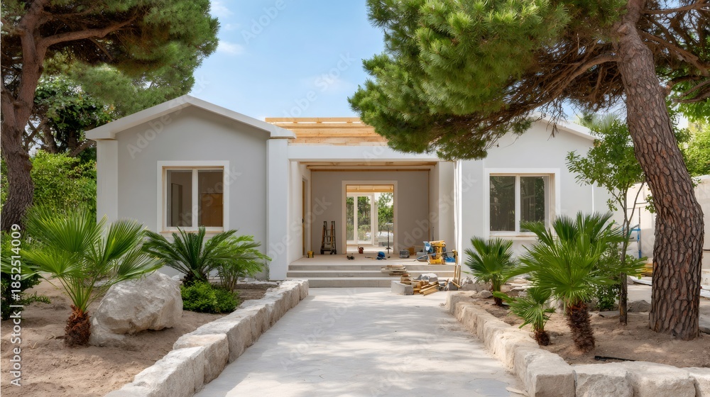 Fototapeta premium New house under construction with garden landscaping and pathway