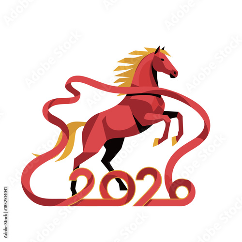 Dynamic Year of the Horse 2026 illustration with red horse jumping through flowing silk ribbons for Chinese Lunar New Year celebration and prosperity greetings