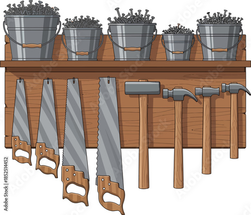 Woodworking Tools and Drills on Workbench.