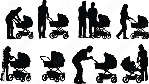 Baby stroller silhouette set, parents walking with pram, family parenting lifestyle concept, childcare activity, black white illustration