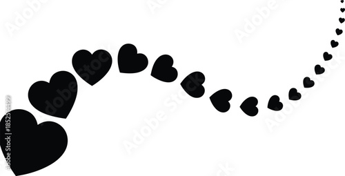 Black heart trail silhouette, love journey illustration, romantic emotion concept, floating hearts design, minimal white background, affection graphic