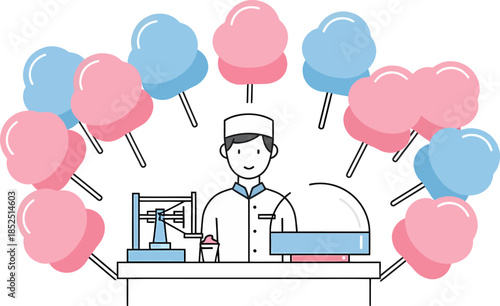 Candy Maker Creating Pink and Blue Cotton Candy.