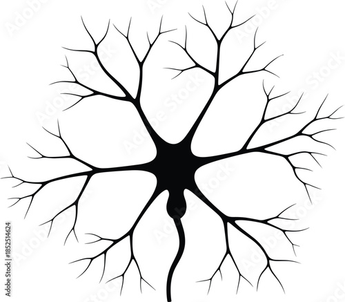 Neuron silhouette illustration, nerve cell structure design, abstract brain network concept, neuroscience biology art, black white graphic