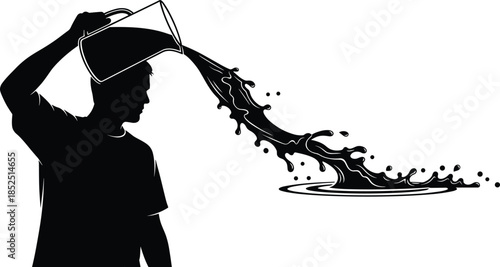 Pouring liquid silhouette, splash motion illustration, water flow concept, dynamic action scene, minimal black white design, creative graphic art