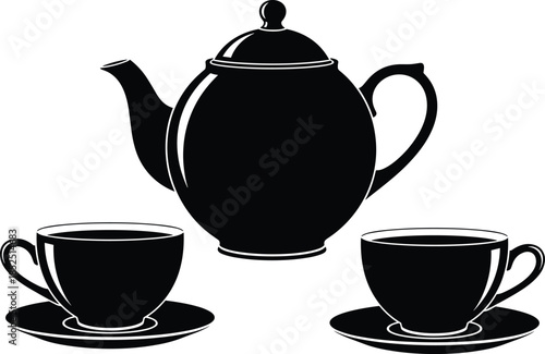 Teapot and cups silhouette, tea set illustration, hot beverage concept, minimal kitchen design, black white graphic, classic teaware art