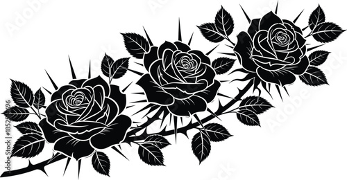 Thorny rose branch illustration, black rose flowers silhouette, gothic floral design, romantic nature symbolism, black white artwork