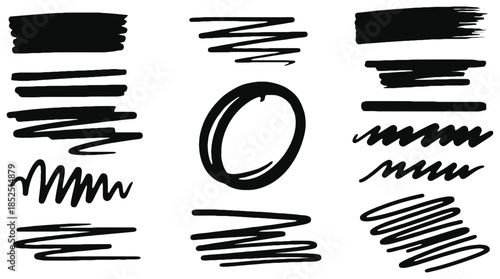Collection of various black brush strokes and lines on white background
