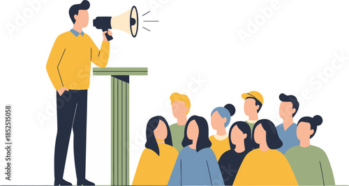 Man speaking to crowd with megaphone.