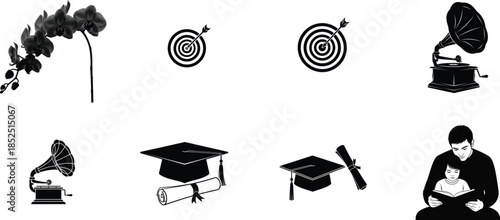 Black and white icons of various objects and targets