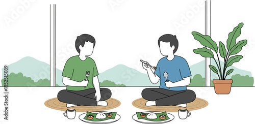 Two Men Eating Meal Together Sitting.