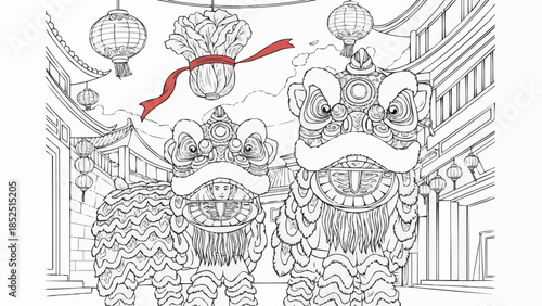 Coloring book for kids - Chinese lion dance illustration with decorative elements and lanterns  