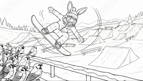 Coloring book for kids - Birds watch a cartoon rabbit snowboarding in a winter park