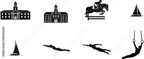 Black silhouettes of buildings and diving figures
