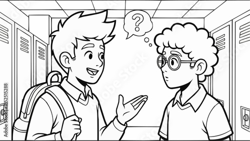 Coloring book for kids - Two boys talking in school hallway with lockers in background  