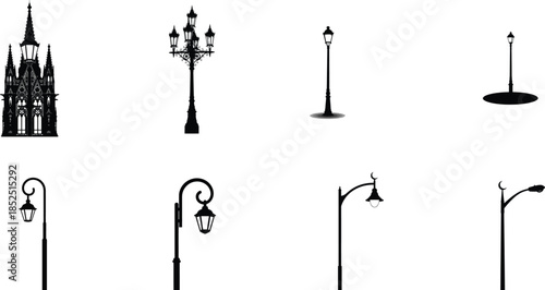 Variety of street lamp and architectural silhouettes