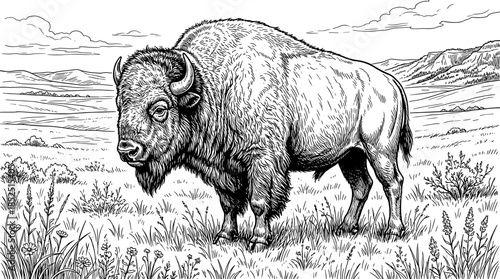 A detailed black and white illustration of a bison standing in a grassy field with mountains in the background, rendered in a realistic style with bold lines and textures.