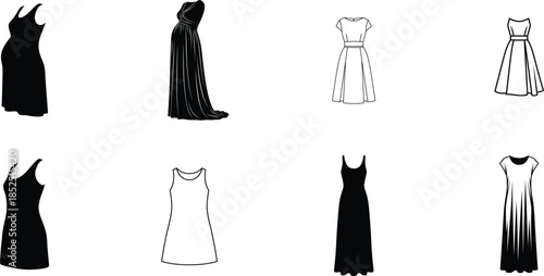 Collection of eight vertical black and white illustrations of unidentified objects