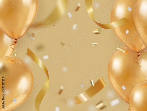 Golden Festivities: An abstract scene of gleaming golden balloons and shimmering confetti floats against a subtle background, representing joy, celebration and special moment.