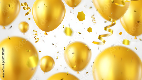 Golden Balloons Celebration: A vibrant scene of floating golden balloons, accented by shimmering confetti, evoking joy and festivity.