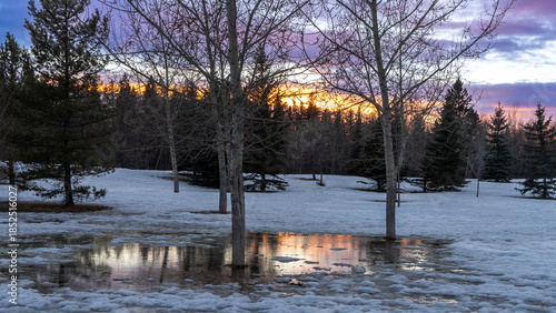 Winter warming snow meltdown landscape at sunset time