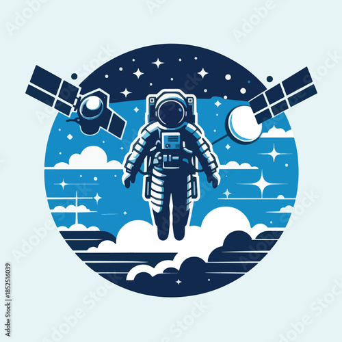 Astronaut Floating in Space with Satellites and Clouds.