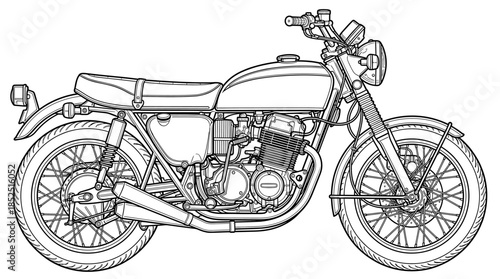 Line drawing of a classic motorcycle with detailed engine and spoked wheels on a white background.