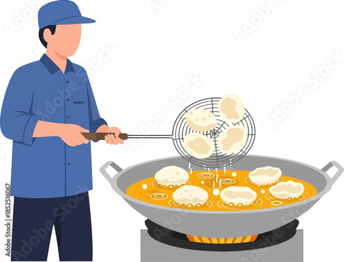 Man Cooking Eggs in Wok Pan.