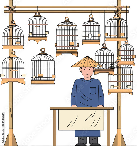 Man Standing Near Bird Cages Illustration.