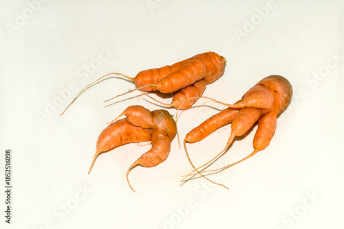 Abnormal shape of carrots roots  on white background wth shadow