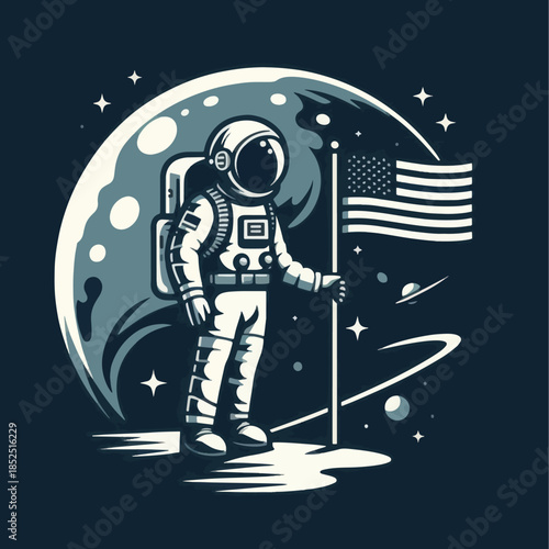 Astronaut standing on the moon planting a flag.