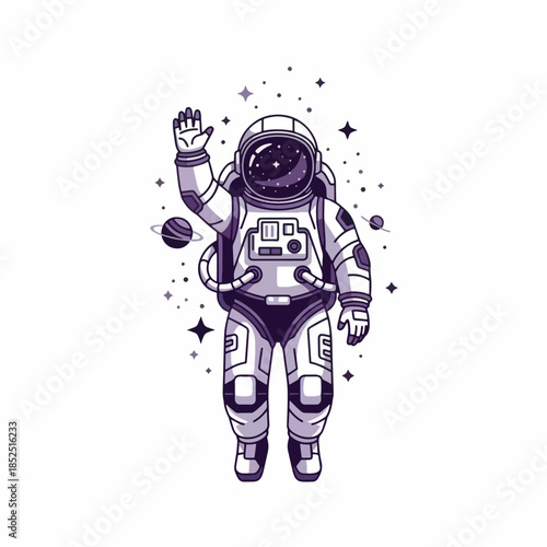 Astronaut waving hello in outer space with stars and planets.