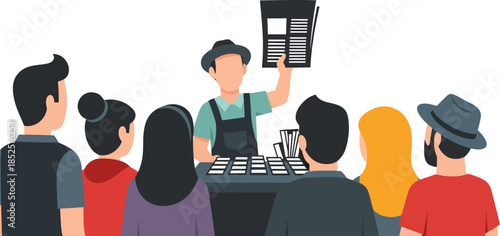 Chef presenting menu to waiting customers.