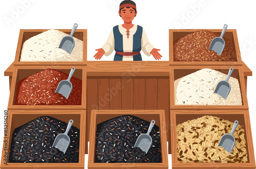 Vendor selling various types of coffee beans.