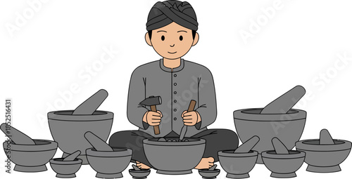 Man surrounded by mortar and pestle.